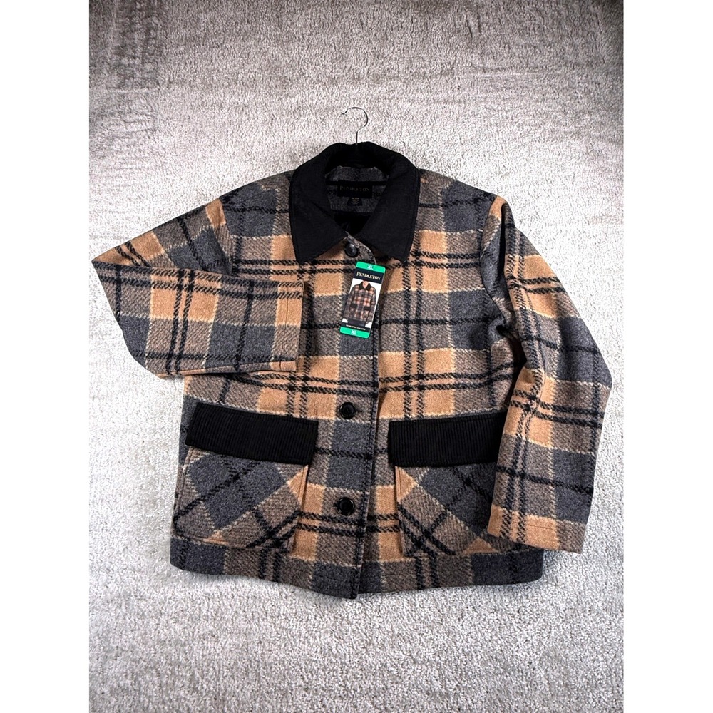 Pendleton Women Plaid Wool Blend Chore Jacket Tan Grey XL 1792560